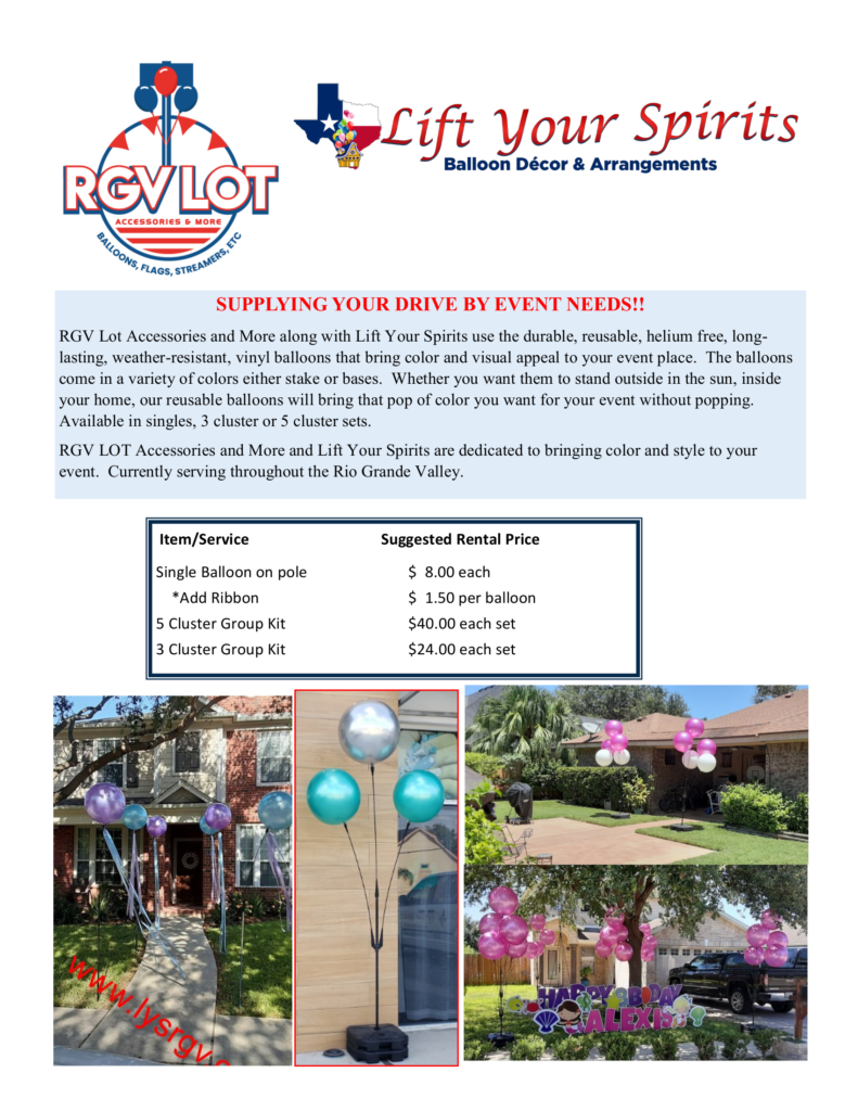Lift Your Spirits Drive By Event Decor pricing sheet.